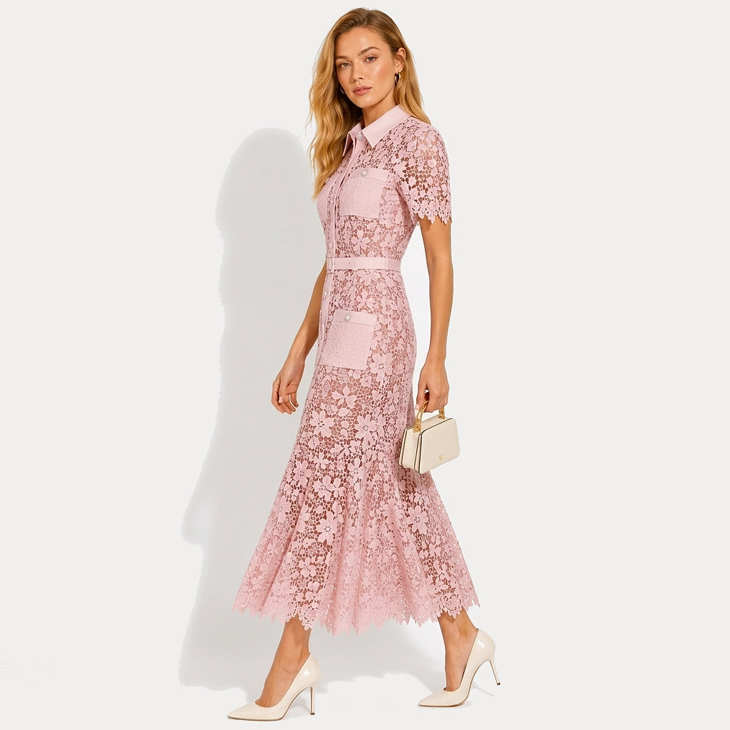 Femme Robe Midi Dentelle Florale Manches Courtes Ceinture Poches 1