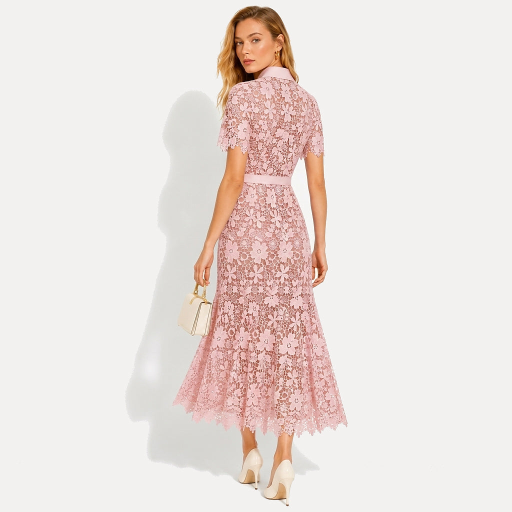 Femme Robe Midi Dentelle Florale Manches Courtes Ceinture Poches 2