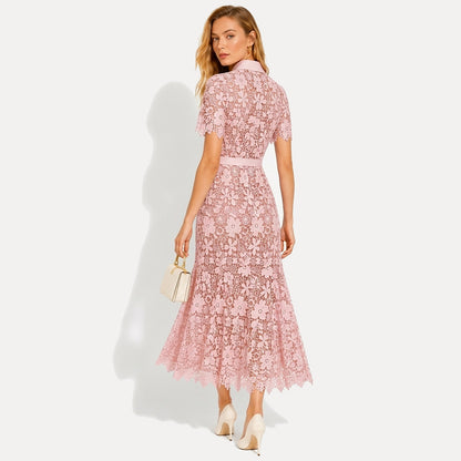 Femme Robe Midi Dentelle Florale Manches Courtes Ceinture Poches 2