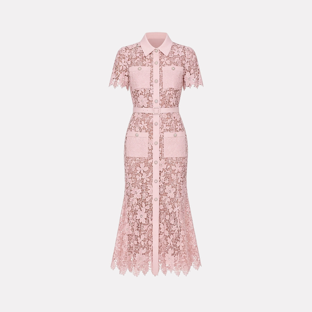 Femme Robe Midi Dentelle Florale Manches Courtes Ceinture Poches 3