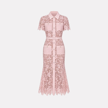 Femme Robe Midi Dentelle Florale Manches Courtes Ceinture Poches 3