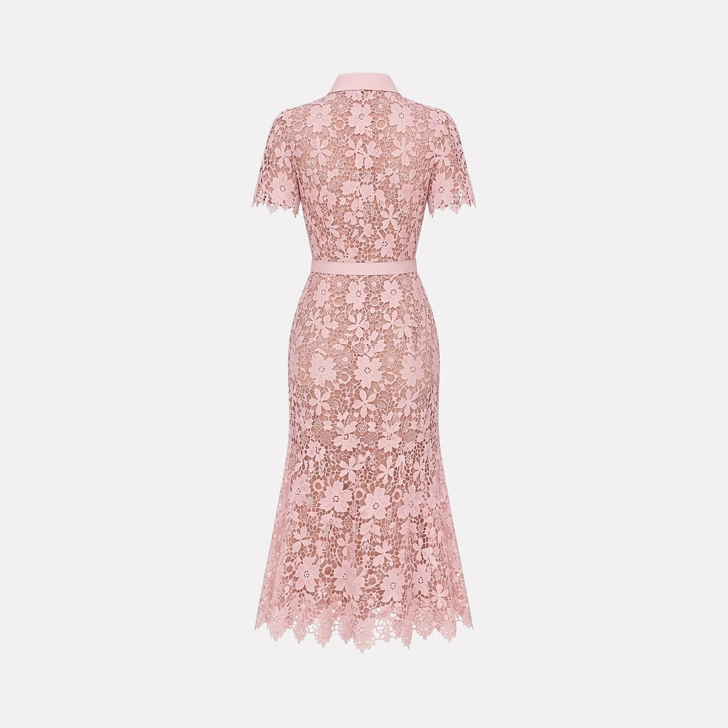 Femme Robe Midi Dentelle Florale Manches Courtes Ceinture Poches 4
