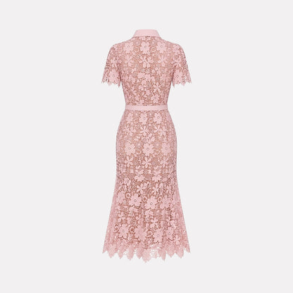 Femme Robe Midi Dentelle Florale Manches Courtes Ceinture Poches 4
