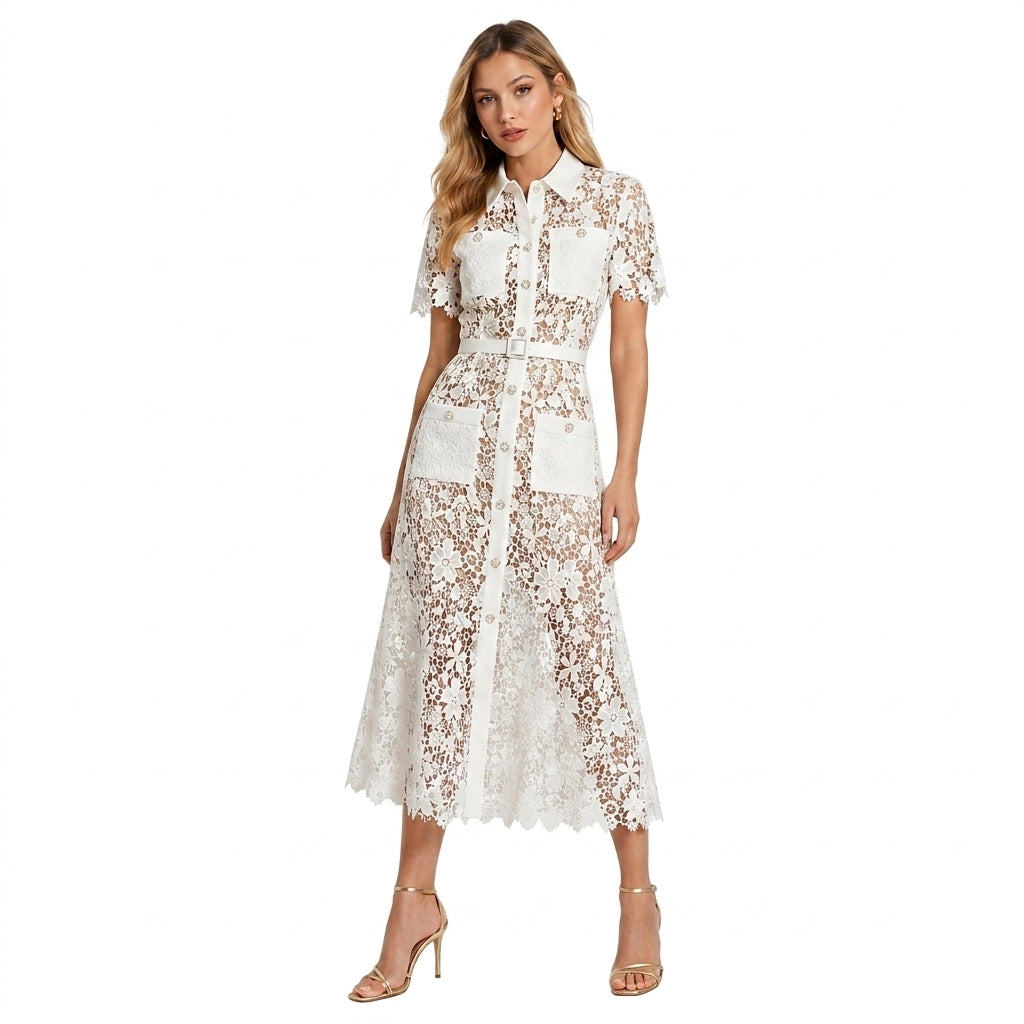 Femme Robe Midi Dentelle Florale Manches Courtes Ceinture Poches Blanc