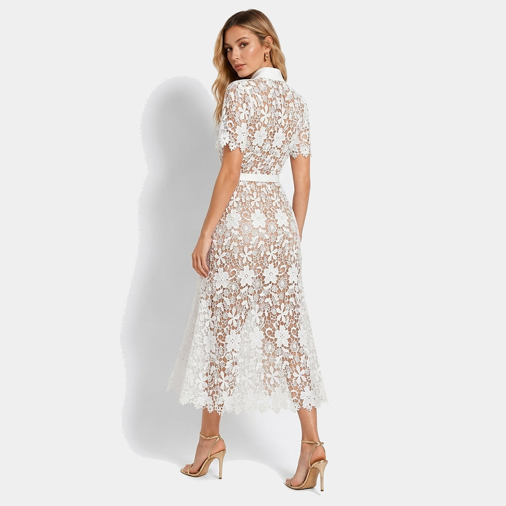 Femme Robe Midi Dentelle Florale Manches Courtes Ceinture Poches 5