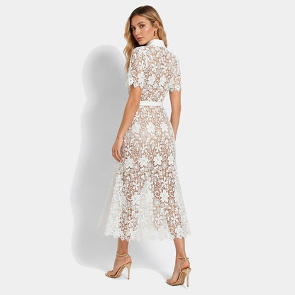 Femme Robe Midi Dentelle Florale Manches Courtes Ceinture Poches 5