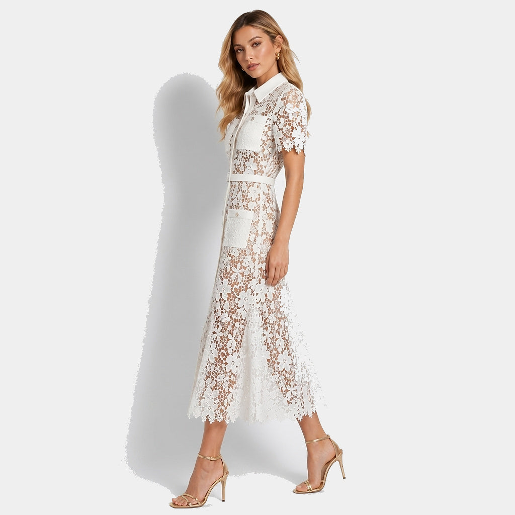 Femme Robe Midi Dentelle Florale Manches Courtes Ceinture Poches 6