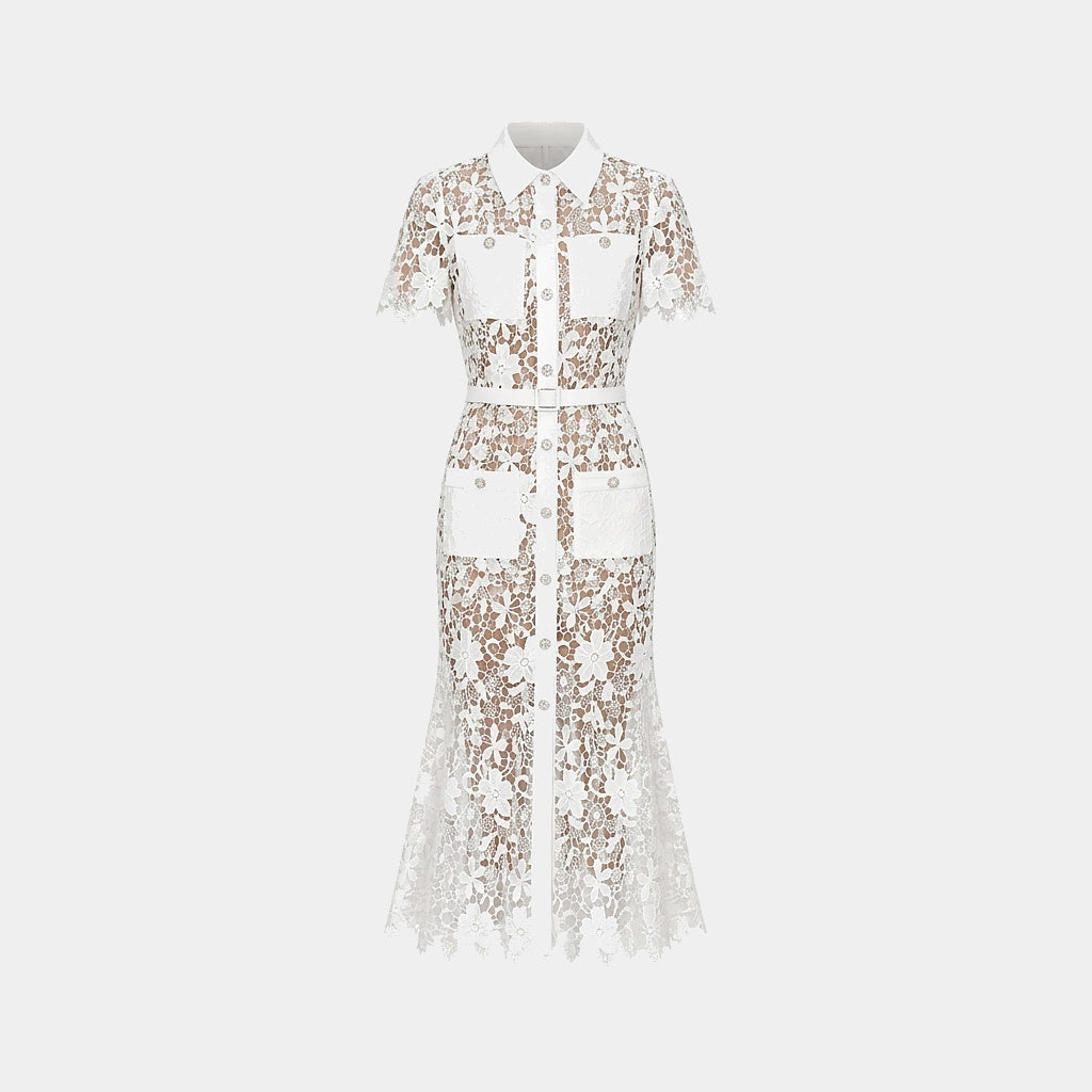 Femme Robe Midi Dentelle Florale Manches Courtes Ceinture Poches 7