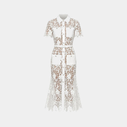 Femme Robe Midi Dentelle Florale Manches Courtes Ceinture Poches 7