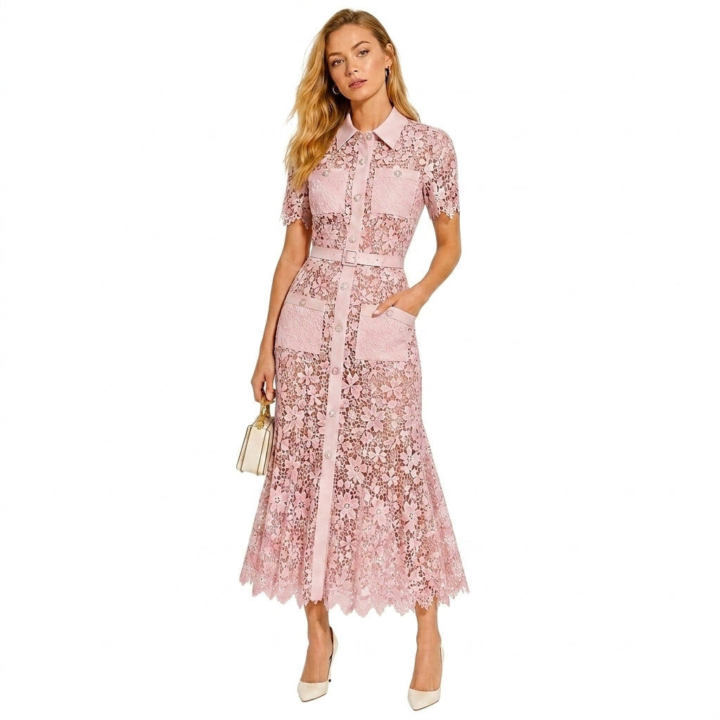 Femme Robe Midi Dentelle Florale Manches Courtes Ceinture Poches Rose