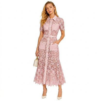 Femme Robe Midi Dentelle Florale Manches Courtes Ceinture Poches Rose