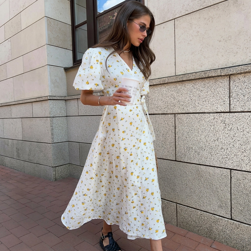 Femme Robe Portefeuille Midi à Imprimé Floral et Manches Bouffantes | imported-image-5