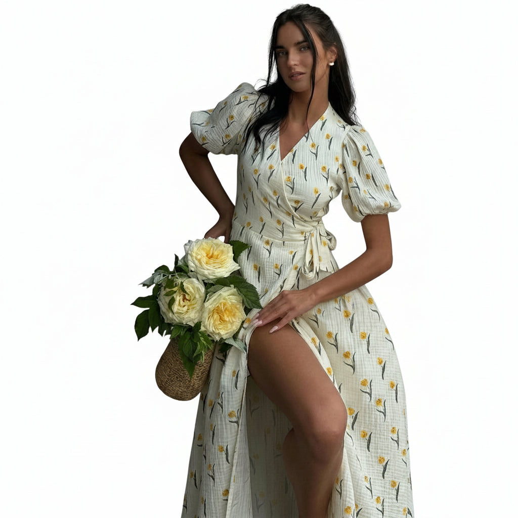 Femme Robe Portefeuille Midi à Imprimé Floral et Manches Bouffantes-Midi Dress-Gigié