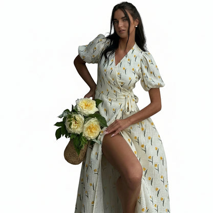 Femme Robe Portefeuille Midi à Imprimé Floral et Manches Bouffantes-Midi Dress-Gigié