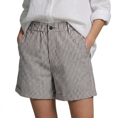 Femme Short à rayures verticales taille haute avec ourlets à revers et poches latérales Noir