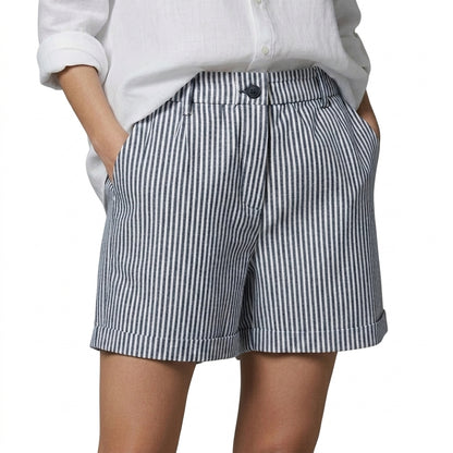 Femme Short à rayures verticales taille haute avec ourlets à revers et poches latérales Bleu