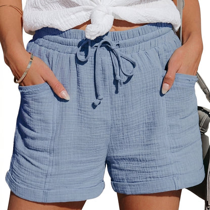 Femme Short à taille élastique avec cordon de serrage et poches plaquées Bleu Clair