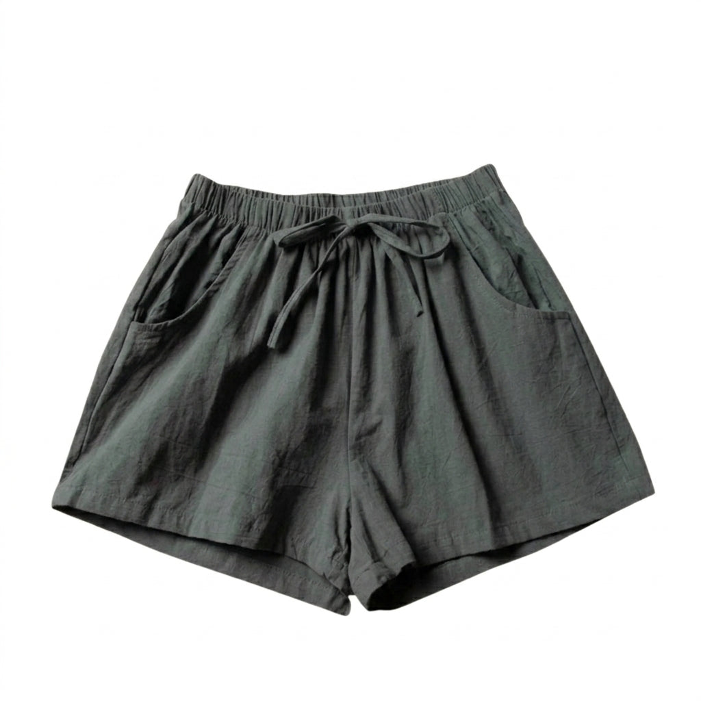 Shorts Women Linen High Waist Drawstring Relaxed Fit Cut Dark green