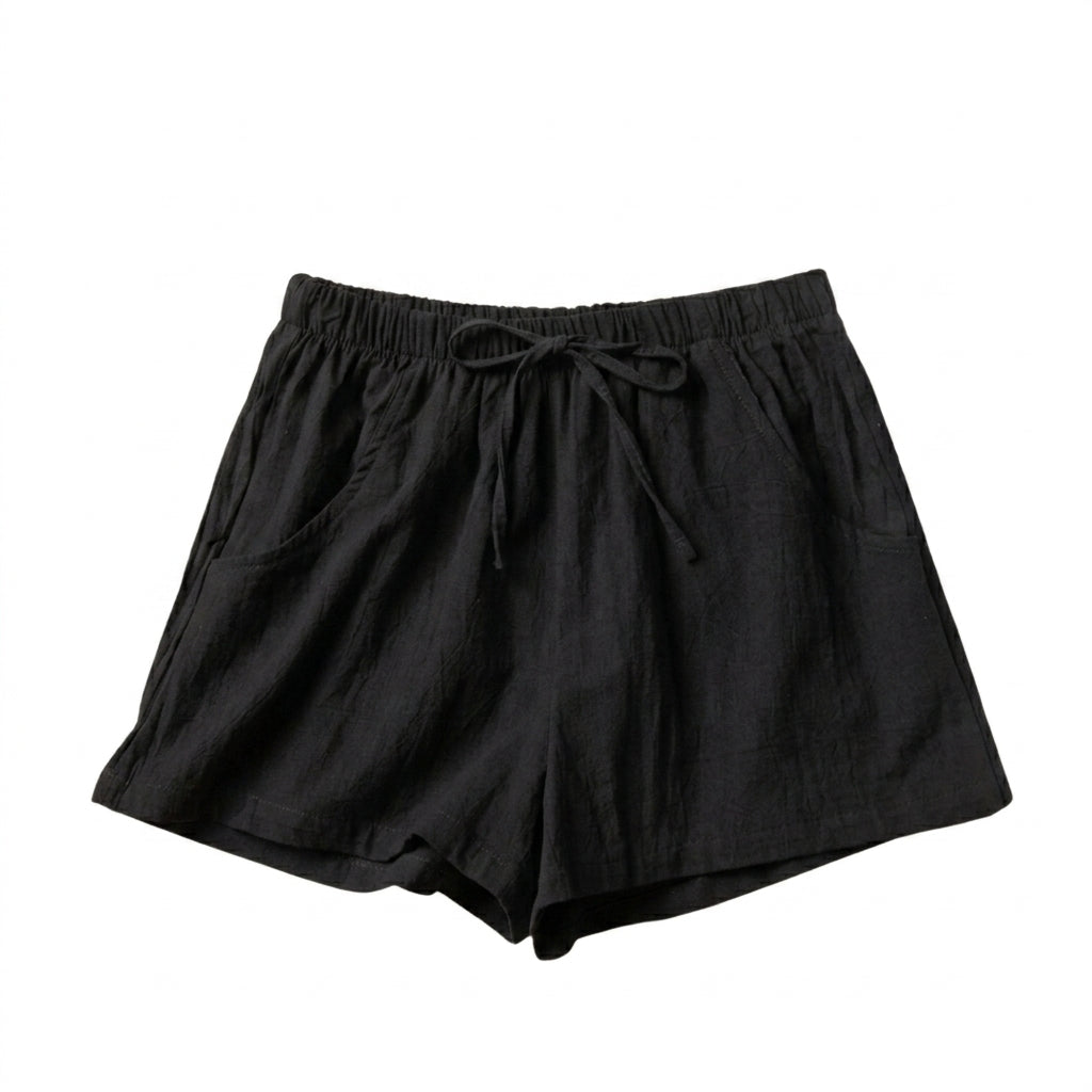 Shorts Women Linen High Waist Drawstring Relaxed Fit Cut Black