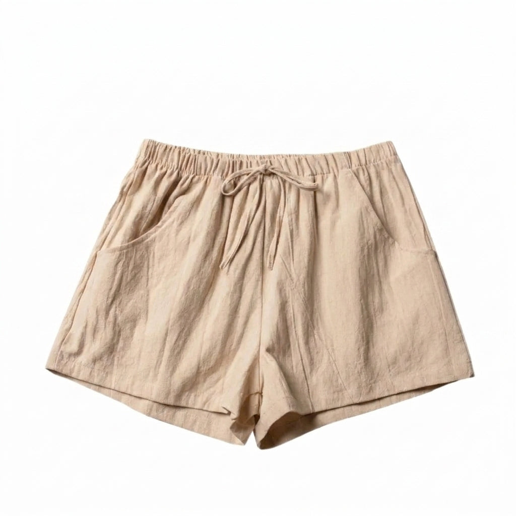 Shorts Women Linen High Waist Drawstring Relaxed Fit Cut Beige