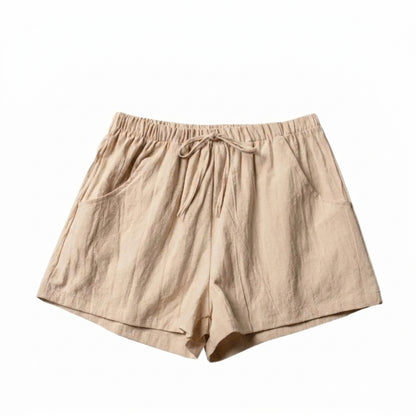 Shorts Women Linen High Waist Drawstring Relaxed Fit Cut Beige