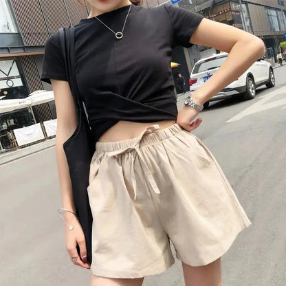Shorts Women Linen High Waist Drawstring Relaxed Fit Cut 4