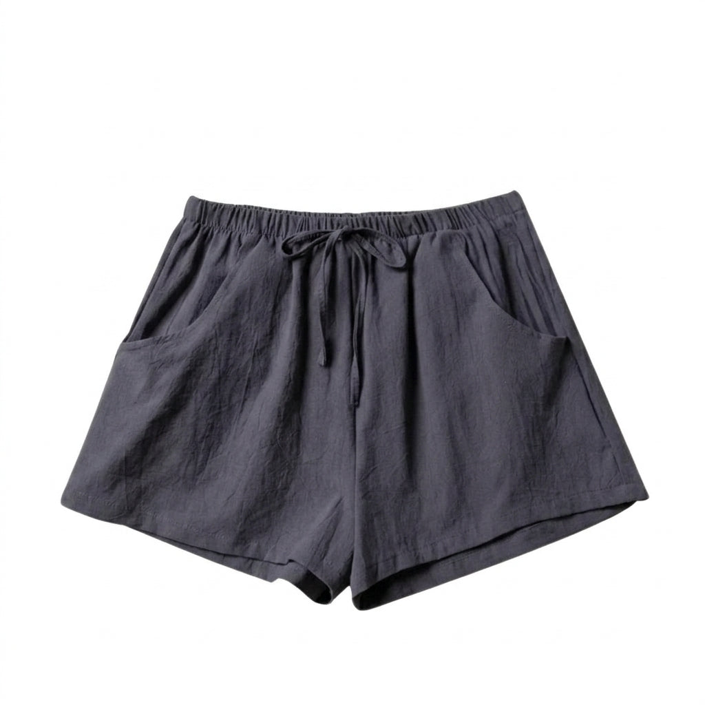 Shorts Women Linen High Waist Drawstring Relaxed Fit Cut Dark blue