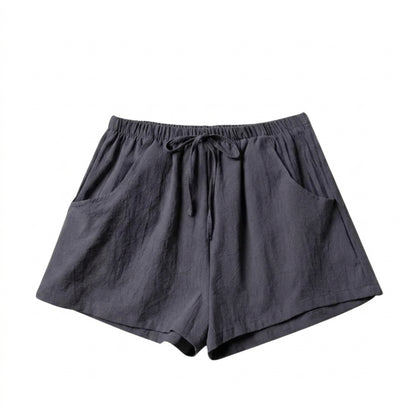 Shorts Women Linen High Waist Drawstring Relaxed Fit Cut Dark blue