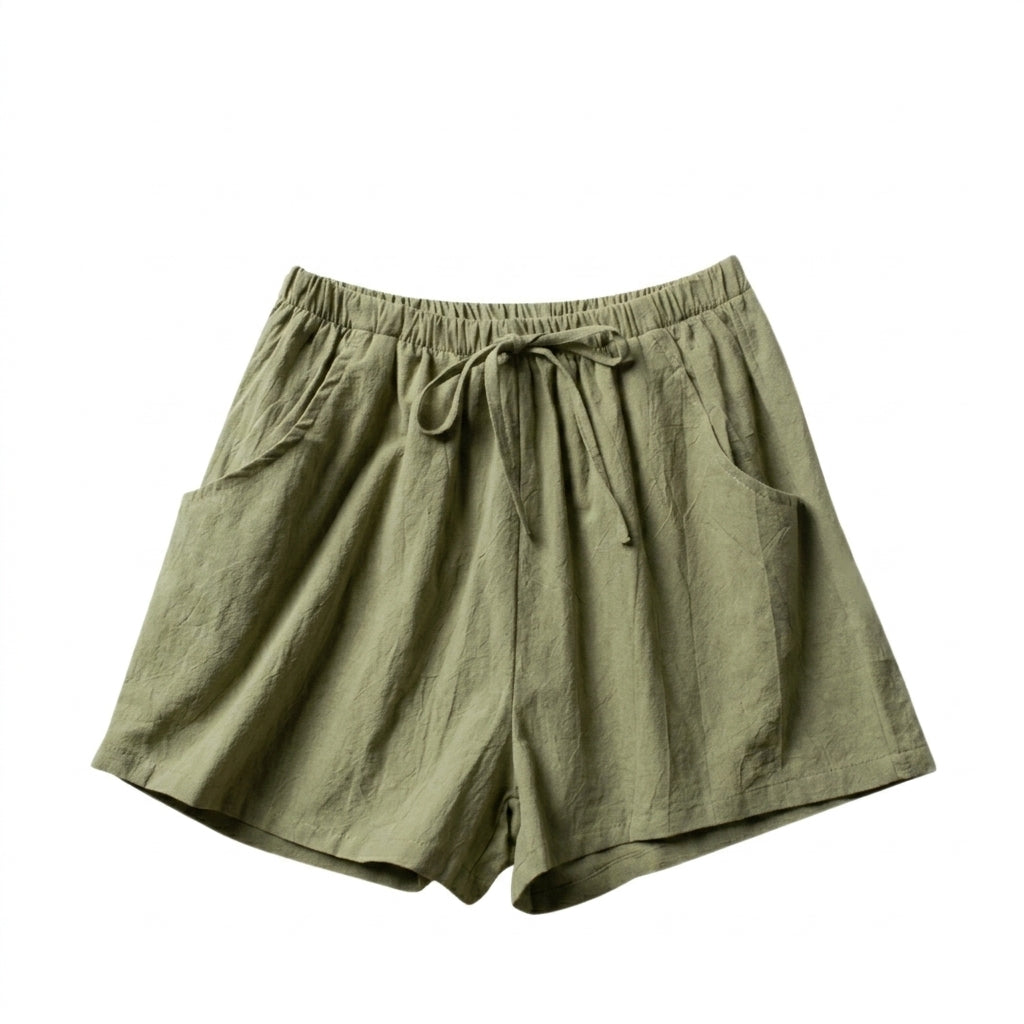 Shorts Women Linen High Waist Drawstring Relaxed Fit Cut Green