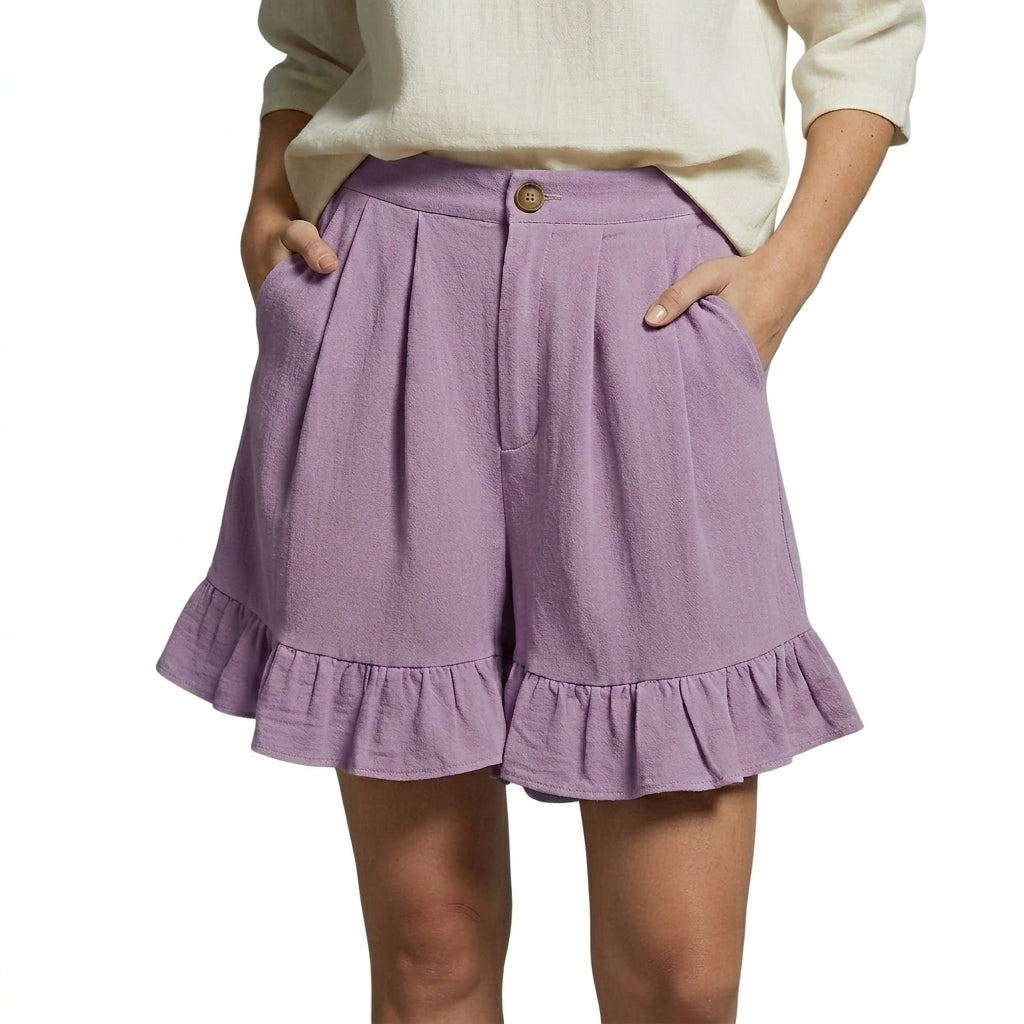 Femme Short Taille Haute Plissé avec Volants Lilas