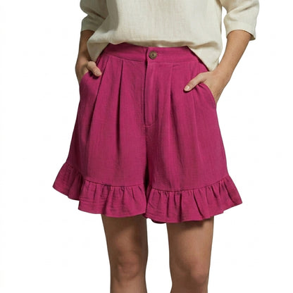 Femme Short Taille Haute Plissé avec Volants Rose