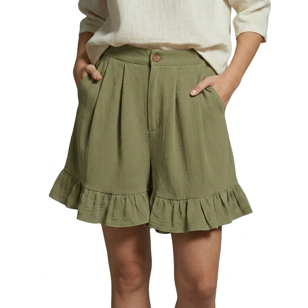 Femme Short Taille Haute Plissé avec Volants Vert