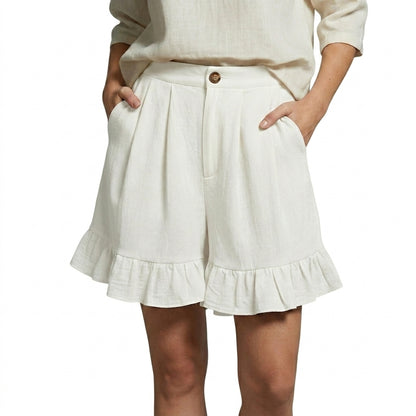 Femme Short Taille Haute Plissé avec Volants Blanc