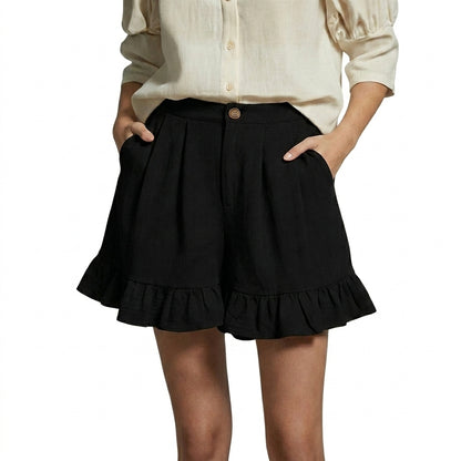 Femme Short Taille Haute Plissé avec Volants Noir