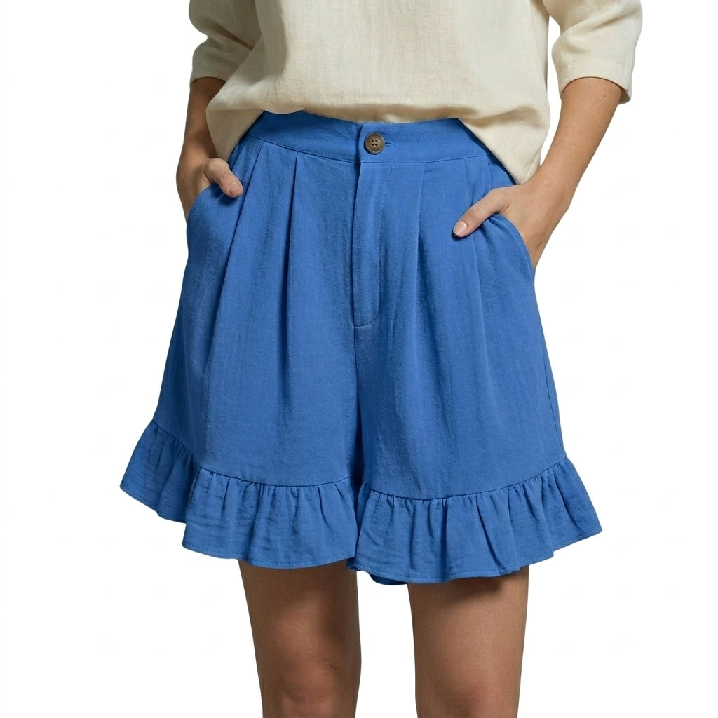 Femme Short Taille Haute Plissé avec Volants Bleu