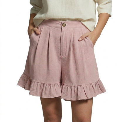 Femme Short Taille Haute Plissé avec Volants Rose Clair