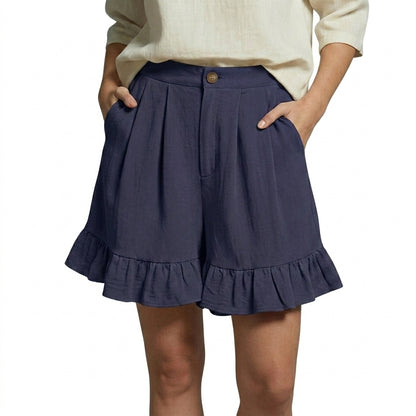 Femme Short Taille Haute Plissé avec Volants Bleu Marine