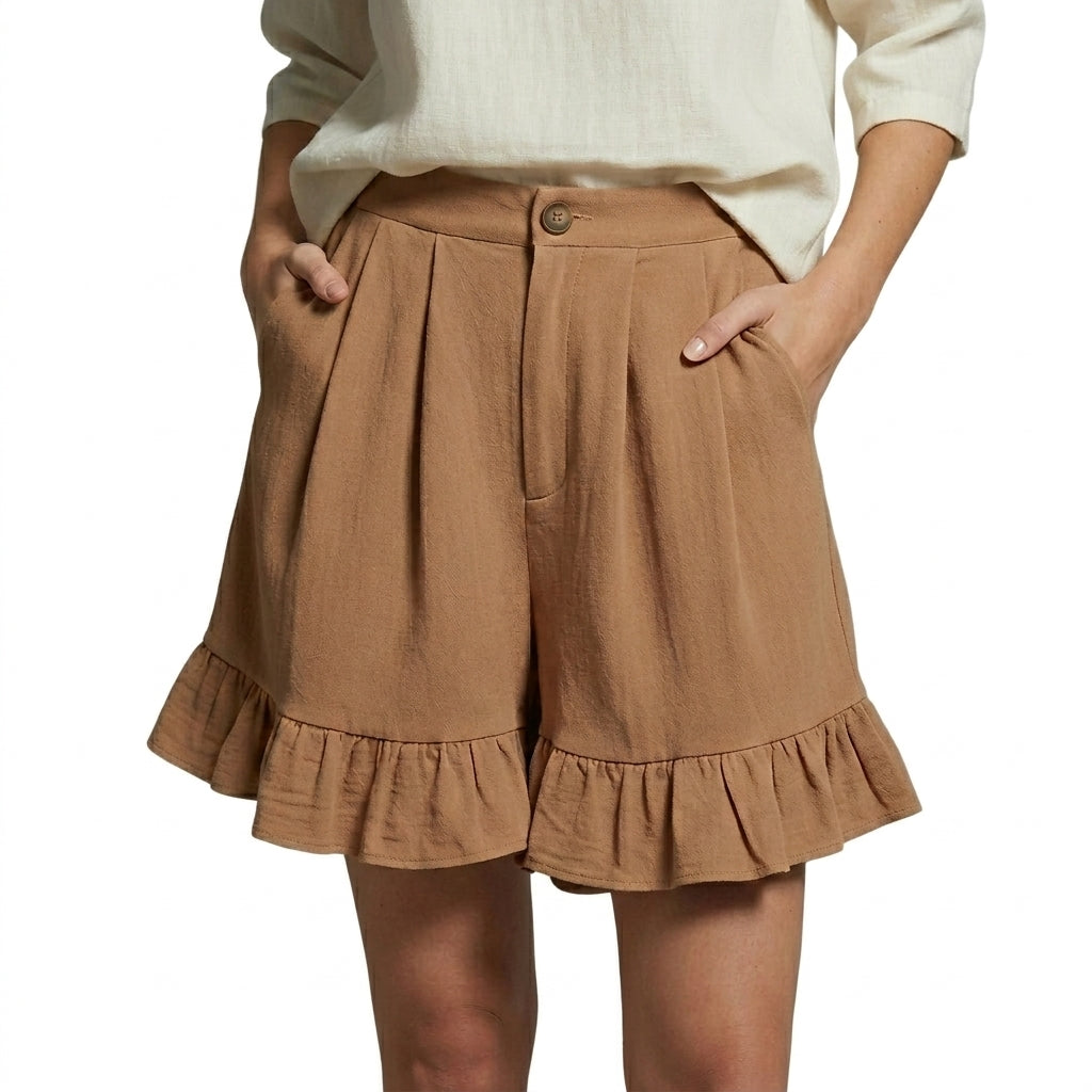 Femme Short Taille Haute Plissé avec Volants Kaki