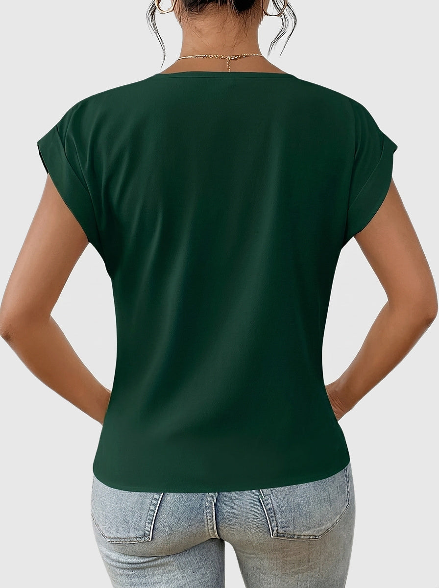 Femme T-shirt à col en V avec détail torsadé et manches à revers