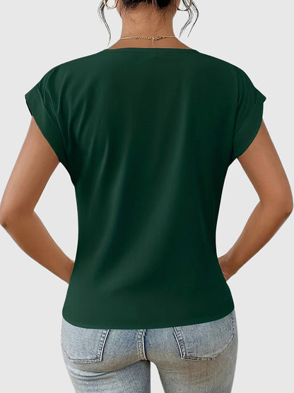 Femme T-shirt à col en V avec détail torsadé et manches à revers