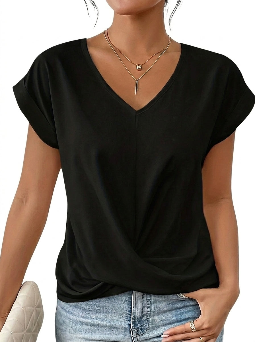 Femme T-shirt à col en V avec détail torsadé et manches à revers Noir