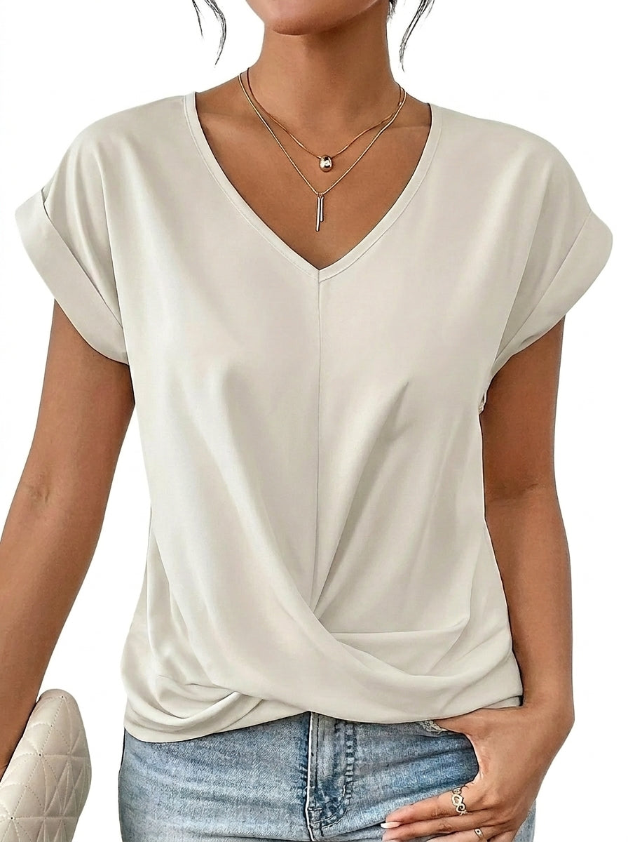Femme T-shirt à col en V avec détail torsadé et manches à revers Blanc