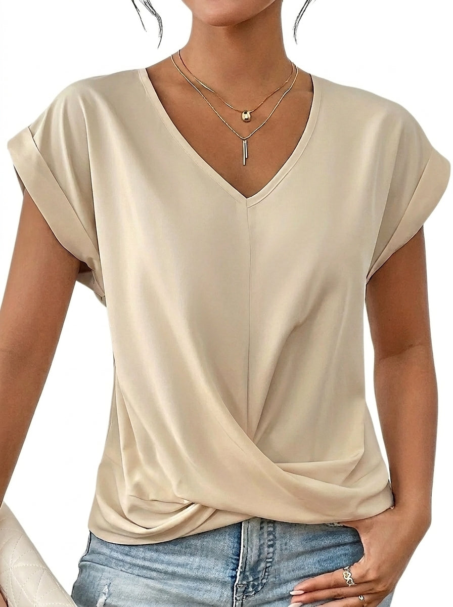 Femme T-shirt à col en V avec détail torsadé et manches à revers Abricot