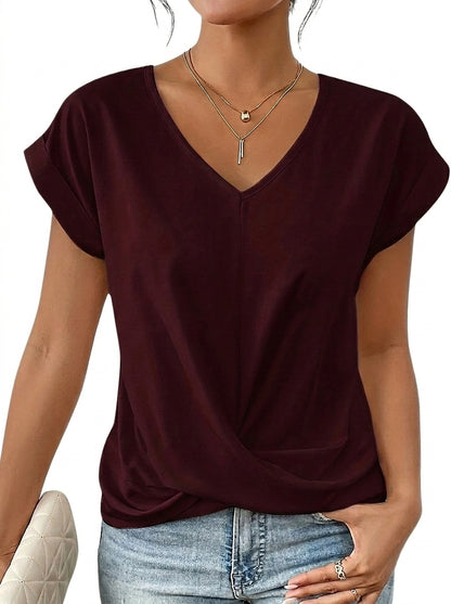 Femme T-shirt à col en V avec détail torsadé et manches à revers Rouge Bordeaux