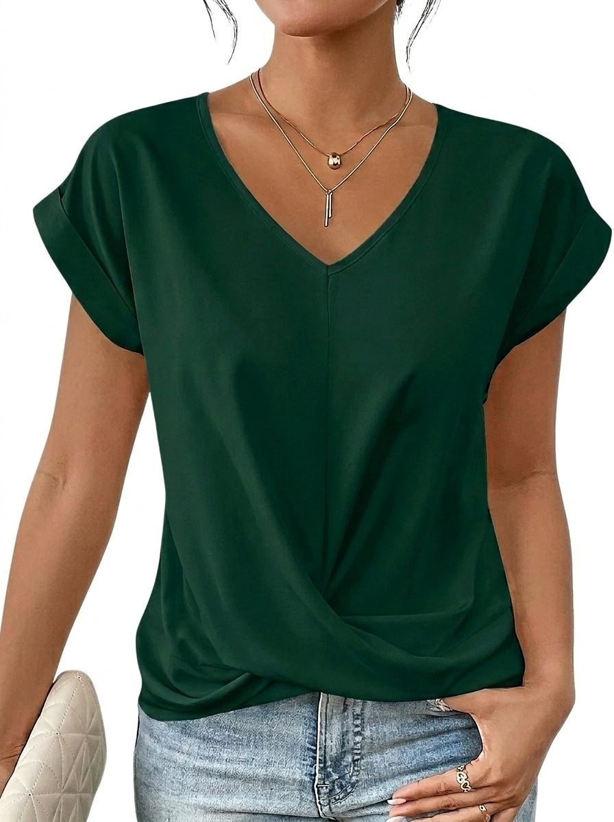 Femme T-shirt à col en V avec détail torsadé et manches à revers Vert Foncé