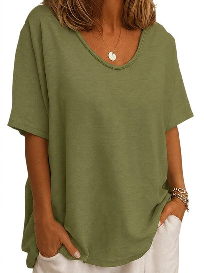 Femme T-shirt à col en V et manches courtes à revers Vert Olive