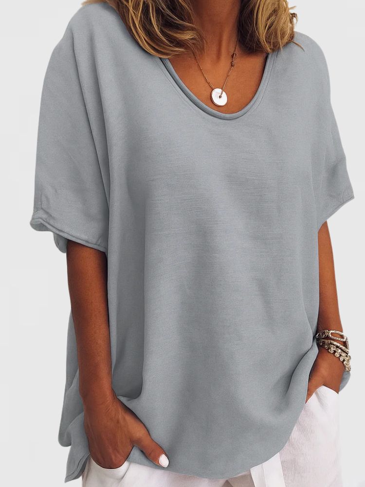 Femme T-shirt à col en V et manches courtes à revers Gris