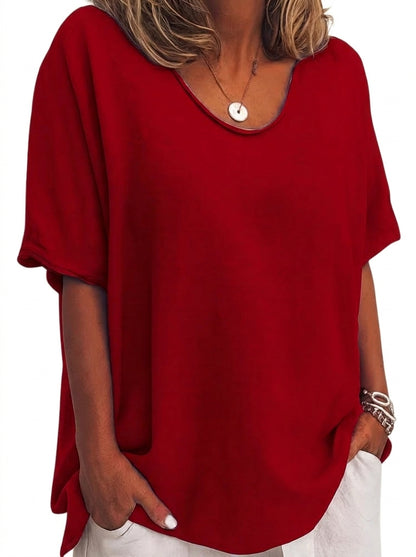 Femme T-shirt à col en V et manches courtes à revers Rouge