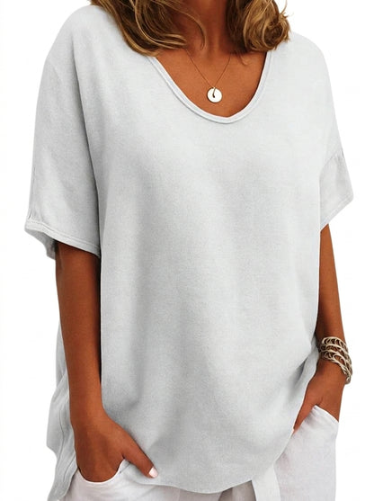 Femme T-shirt à col en V et manches courtes à revers Blanc