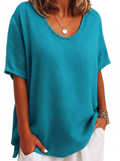 Femme T-shirt à col en V et manches courtes à revers Bleu Clair